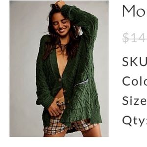 Free people dark green cable knit button down sweater, size small